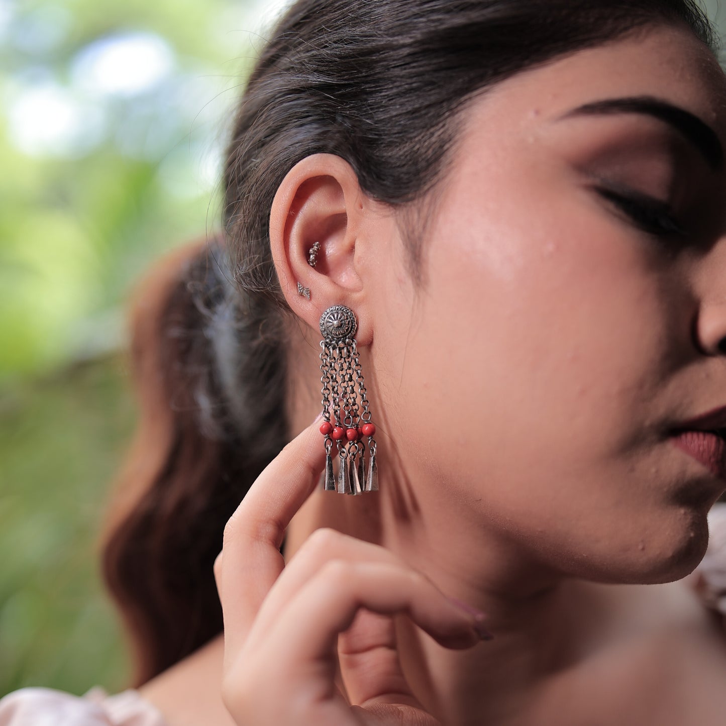 Devi Stamped Silver Earrings with Coral Beads and Handcrafted Silver Ends