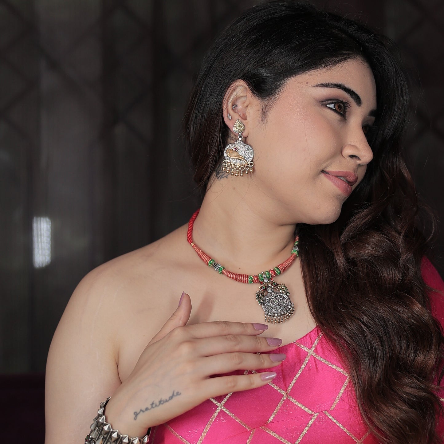 Phulwari Stamped Necklace with Silver Handcrafted Beads, Ghungroos & Meenakari Glass Enameling with Adjustible Drawstring