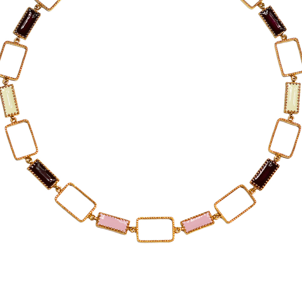 Deco Mosaic Gold-Plated Short Necklace in Pnk, White & Maroon