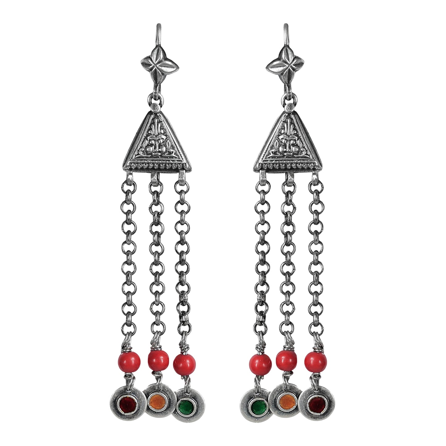 Devi Stamped Silver Earrings with Coral Beads and Multicoloured Meenakari Enamel