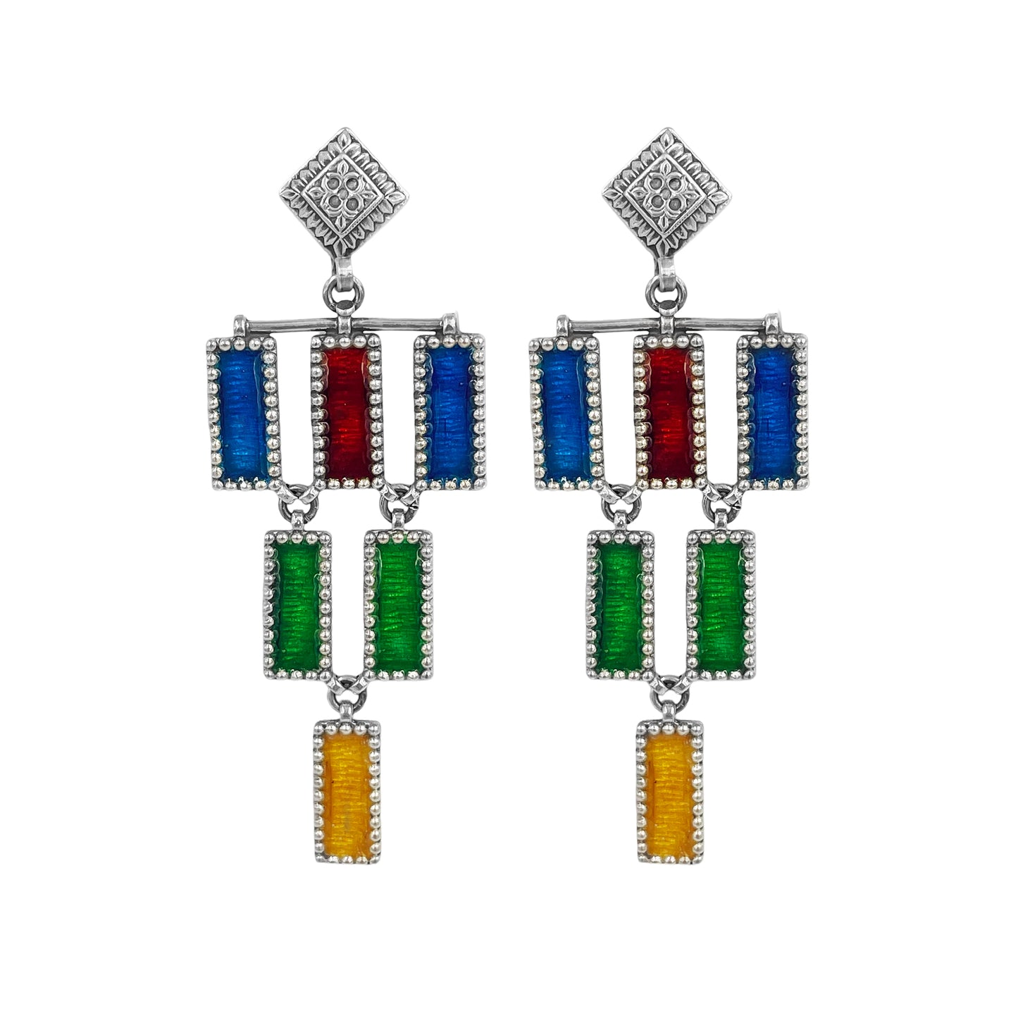 Sheesh Mahal Handcrafted Silver Chandelier Earrings – 4-Layer Stamped Design with Multicolored Meenakari & Silver Hooks