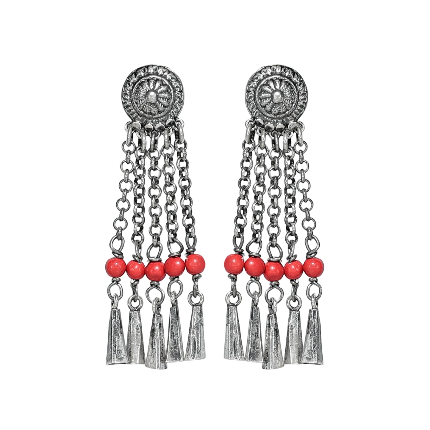 Devi Stamped Silver Earrings with Coral Beads and Handcrafted Silver Ends