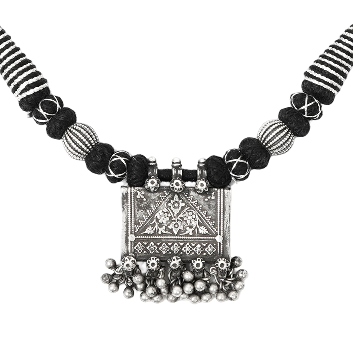Taveez Handcrafted Silver Necklace with Stamping & Threadwork – Bohemian Elegance