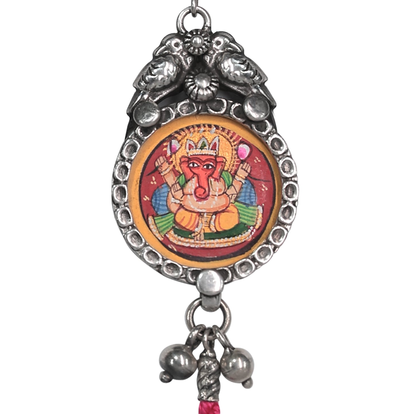 Rangeela Handpainted Silver Dangler Earrings with Ghungroos and Pink Threadwork