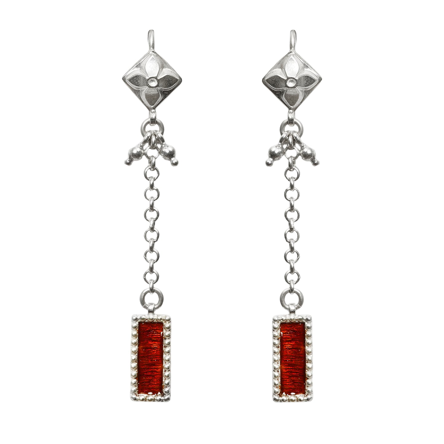 Sheesh Mahal Handcrafted Silver Earrings – Stamped Design with Ghungroos, Silver Chains & Red Meenakari