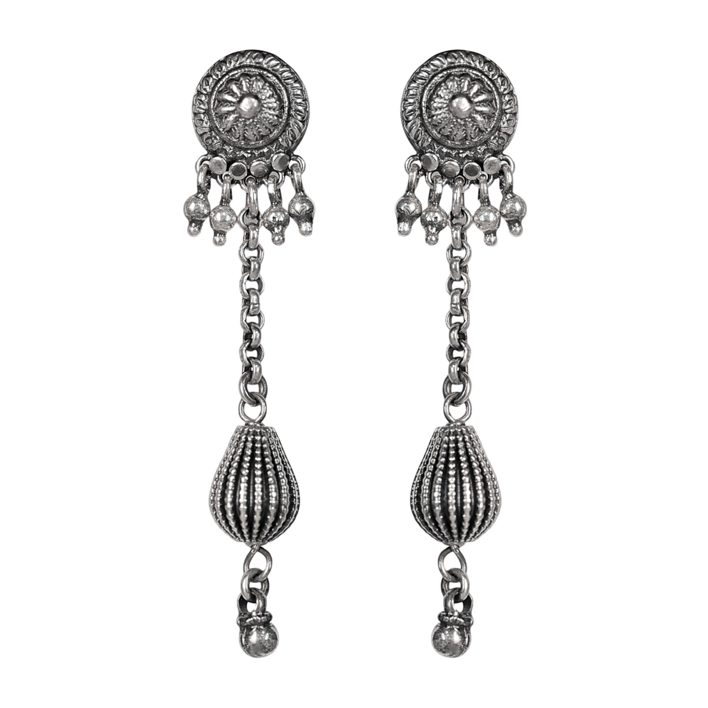 Devi Stamped Silver Earrings with Ghungroos and Handcrafted Silver Beads