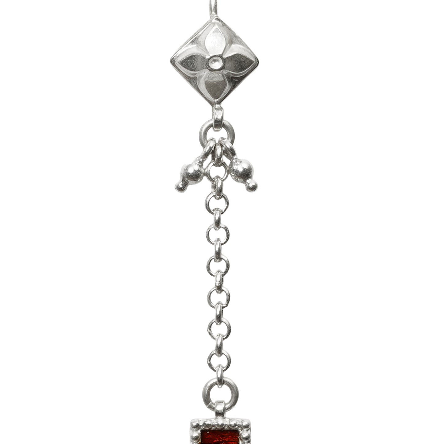 Sheesh Mahal Handcrafted Silver Earrings – Stamped Design with Ghungroos, Silver Chains & Red Meenakari