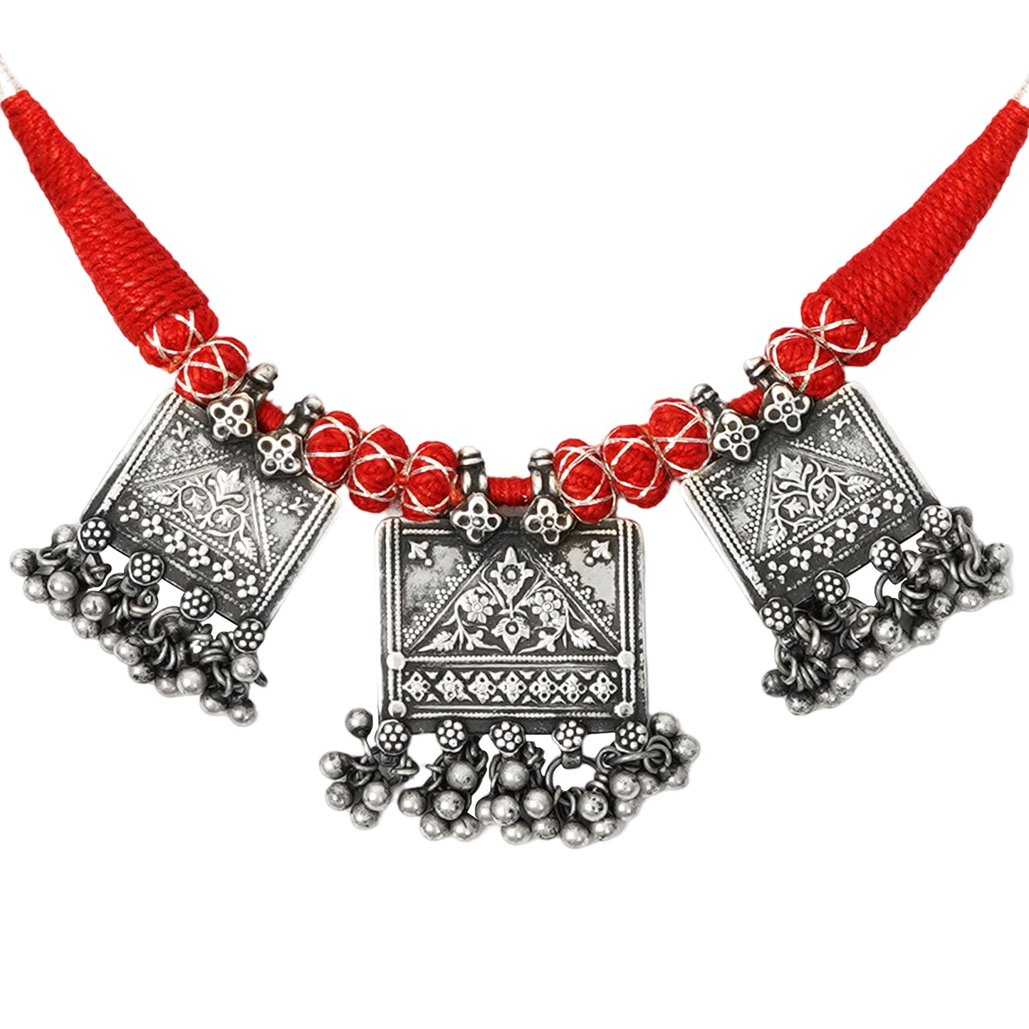 Taveez Handcrafted Silver Necklace with Stamping, Ghungroos & Bandhai Threadwork