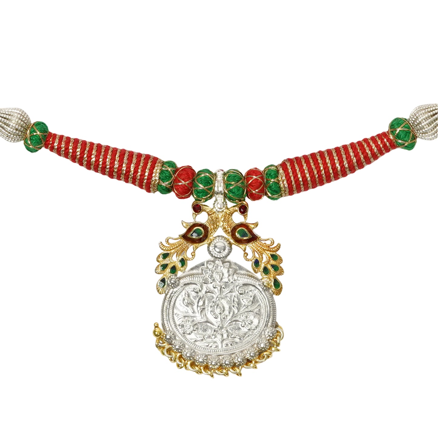 Phulwari Stamped Necklace with Silver Handcrafted Beads, Ghungroos & Meenakari Glass Enameling with Adjustible Drawstring