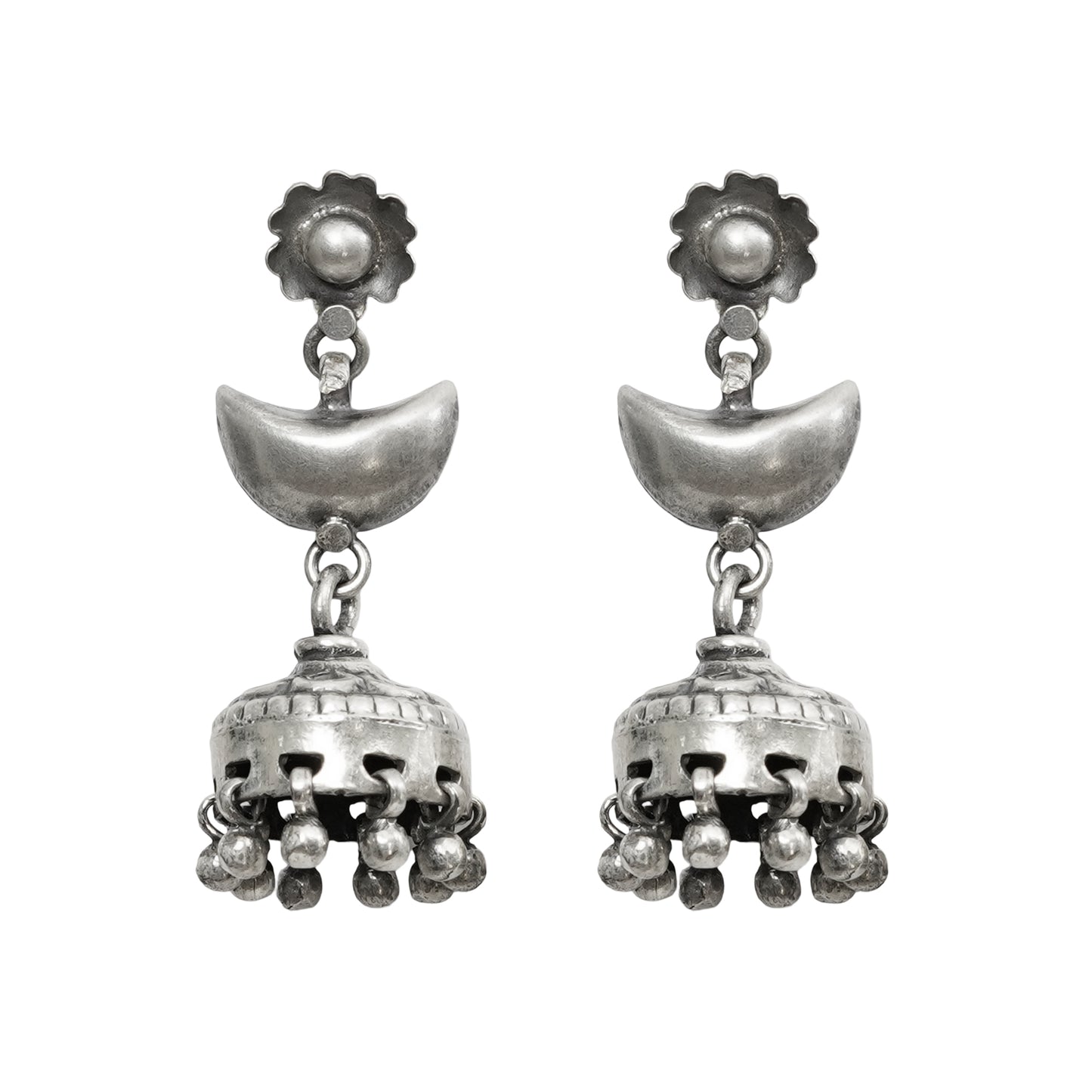 Sitara Handcrafted Stamped & Embossed Silver Jhumkas with Bead Detailing