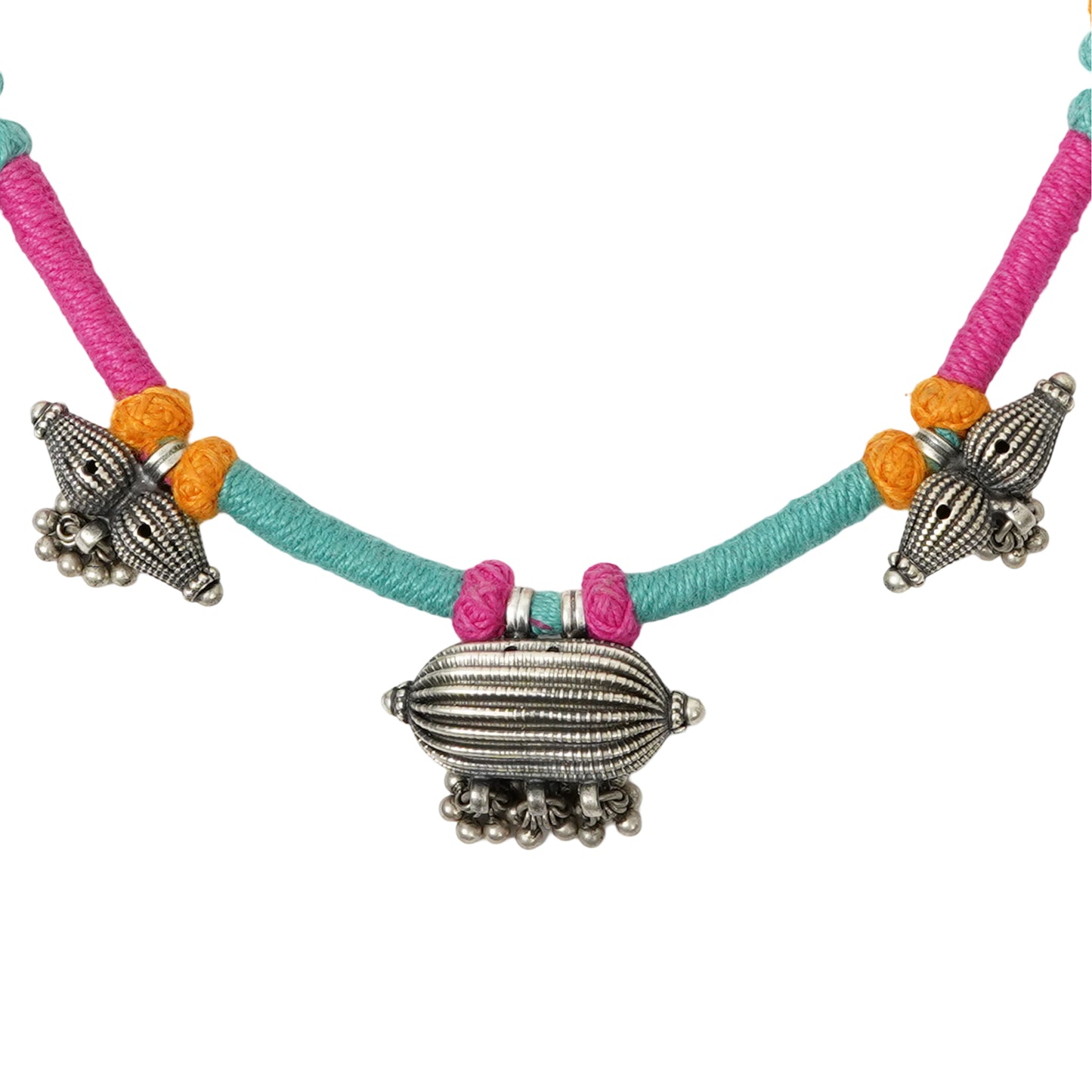 Rangeela Handmade Silver Necklace with Handcrafted Beads & Multicolored Bandhai Thread Work