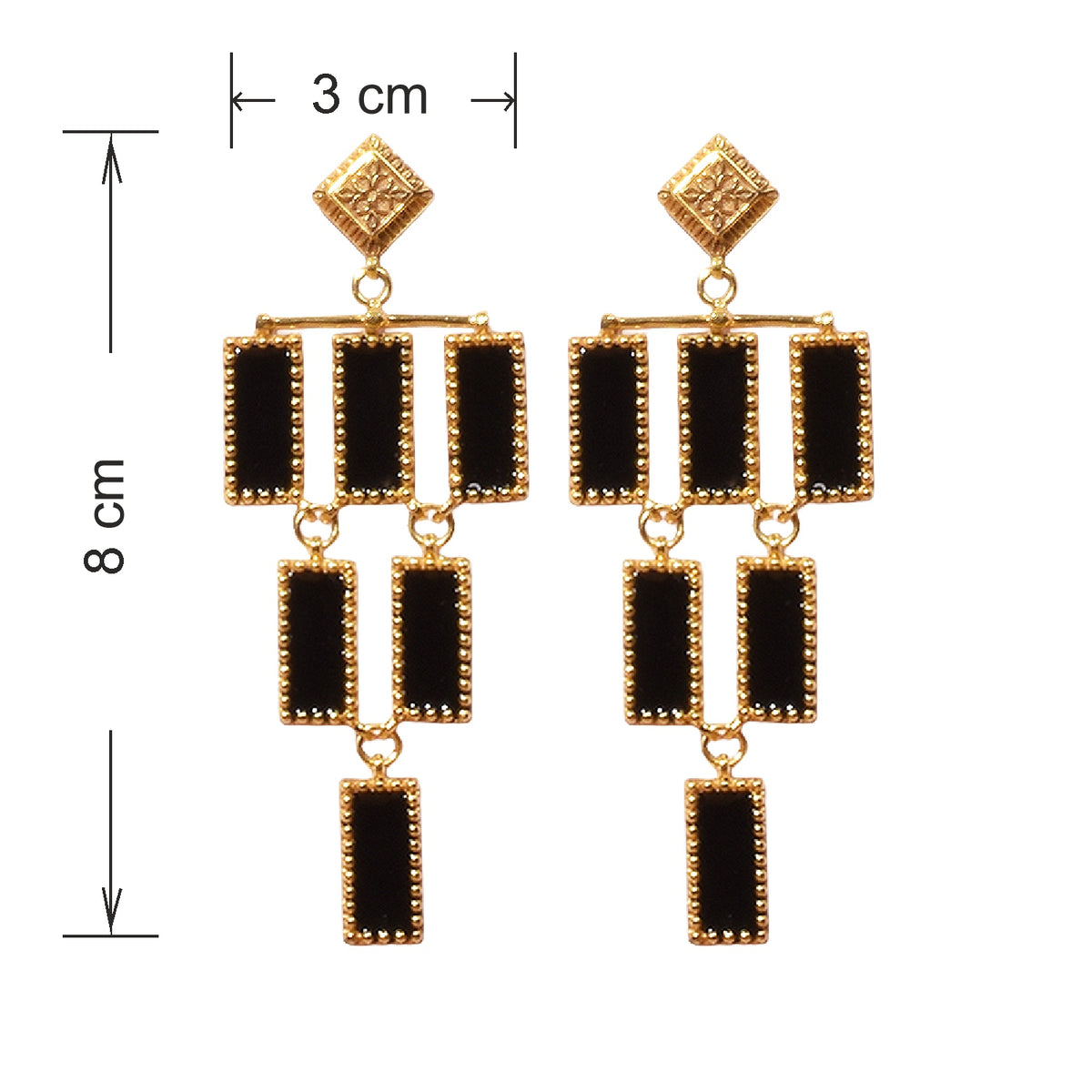 Deco Mosaic 18K gold-plated chandelier earrings in black enamel showing dimensions — 8 cm length, 3 cm width — Studio Anivarya