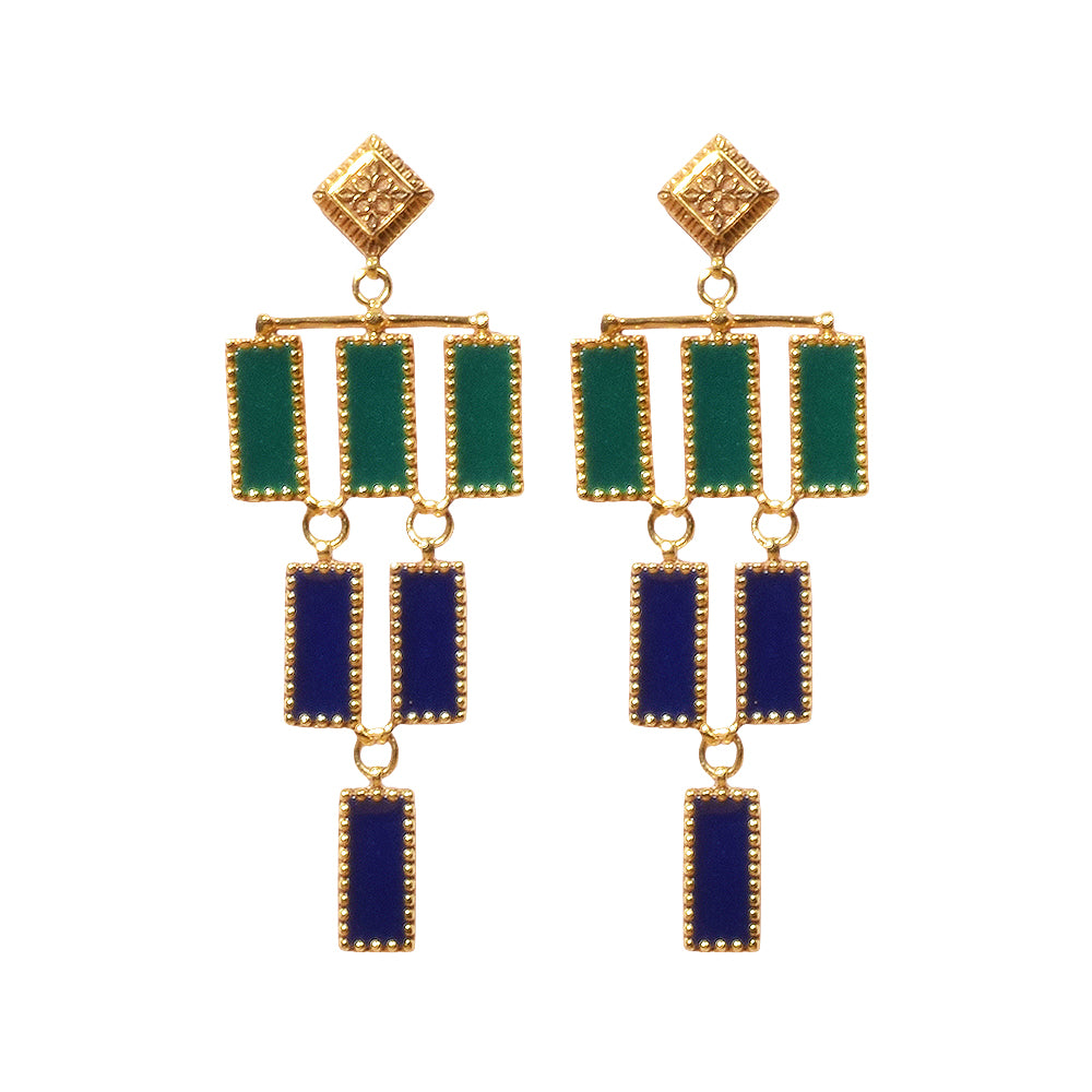 Studio Anivarya Deco Mosaic Chandelier Earrings, Gold Plated Brass with Green and Blue Resin Enamel