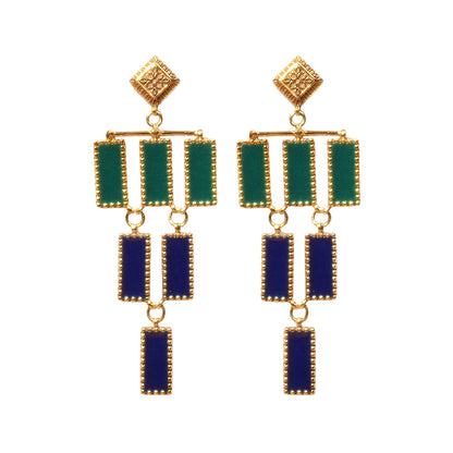 Studio Anivarya Deco Mosaic Chandelier Earrings, Gold Plated Brass with Green and Blue Resin Enamel