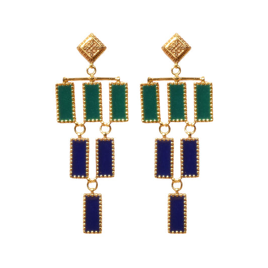 Studio Anivarya Deco Mosaic Chandelier Earrings, Gold Plated Brass with Green and Blue Resin Enamel