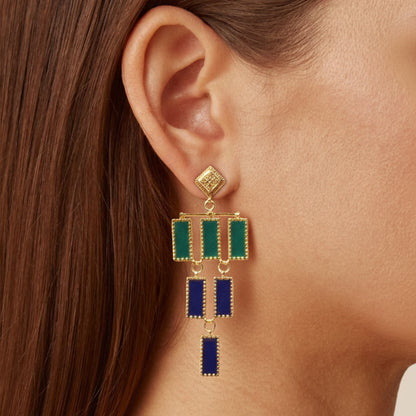 Studio Anivarya Deco Mosaic Chandelier Earrings, Gold Plated Brass with Green and Blue Resin Enamel