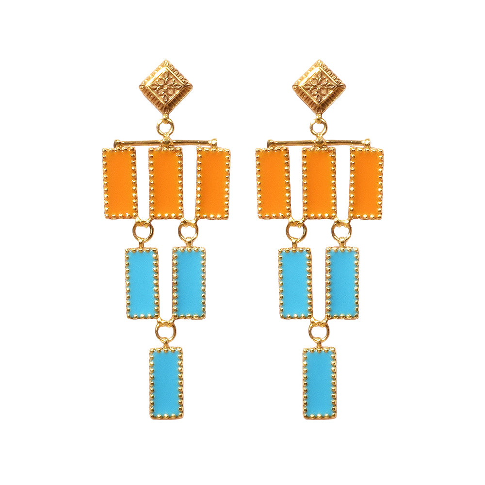 Studio Anivarya Deco Mosaic Chandelier Earrings, Gold Plated Brass with Orange and Blue Resin Enamel
