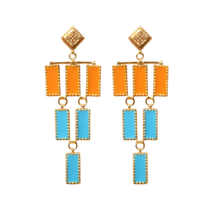 Studio Anivarya Deco Mosaic Chandelier Earrings, Gold Plated Brass with Orange and Blue Resin Enamel