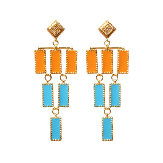 Studio Anivarya Deco Mosaic Chandelier Earrings, Gold Plated Brass with Orange and Blue Resin Enamel
