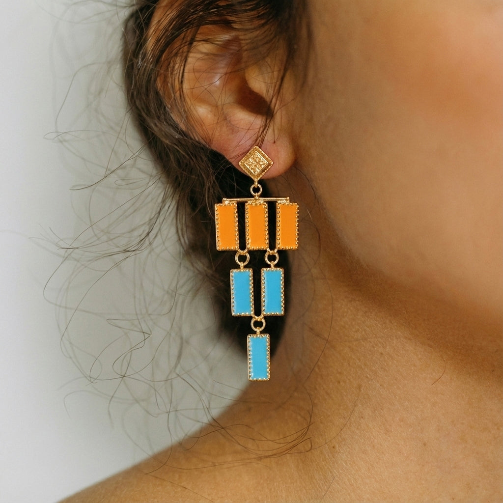 Studio Anivarya Deco Mosaic Chandelier Earrings, Gold Plated Brass with Orange and Blue Resin Enamel