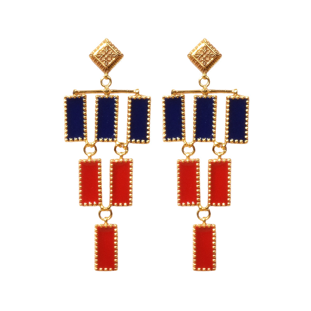 Deco Mosaic Chandelier Earrings, Gold Plated Brass with Blue and Orange Resin Enamel