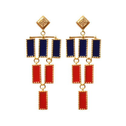 Deco Mosaic Chandelier Earrings, Gold Plated Brass with Blue and Orange Resin Enamel