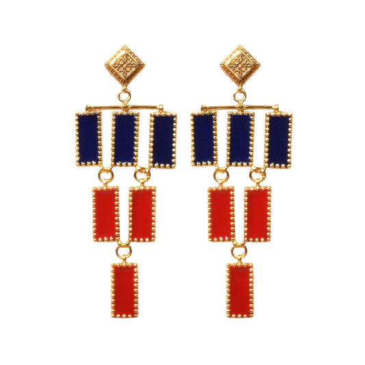 Deco Mosaic Chandelier Earrings, Gold Plated Brass with Blue and Orange Resin Enamel