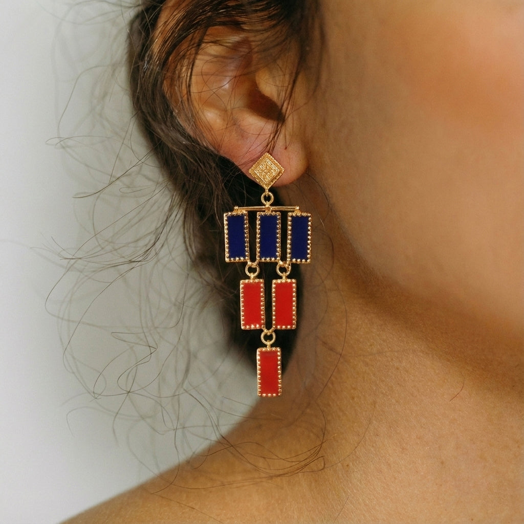 Deco Mosaic Chandelier Earrings, Gold Plated Brass with Blue and Orange Resin Enamel