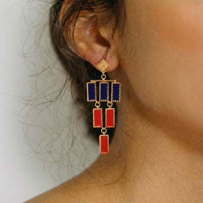 Deco Mosaic Chandelier Earrings, Gold Plated Brass with Blue and Orange Resin Enamel