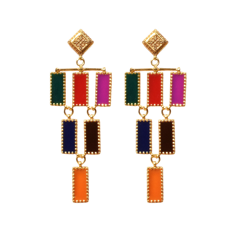 Deco Mosaic Chandelier Earrings, Gold Plated Brass with Orange and Blue Resin Enamel