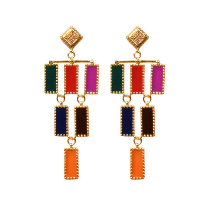 Deco Mosaic Chandelier Earrings, Gold Plated Brass with Orange and Blue Resin Enamel