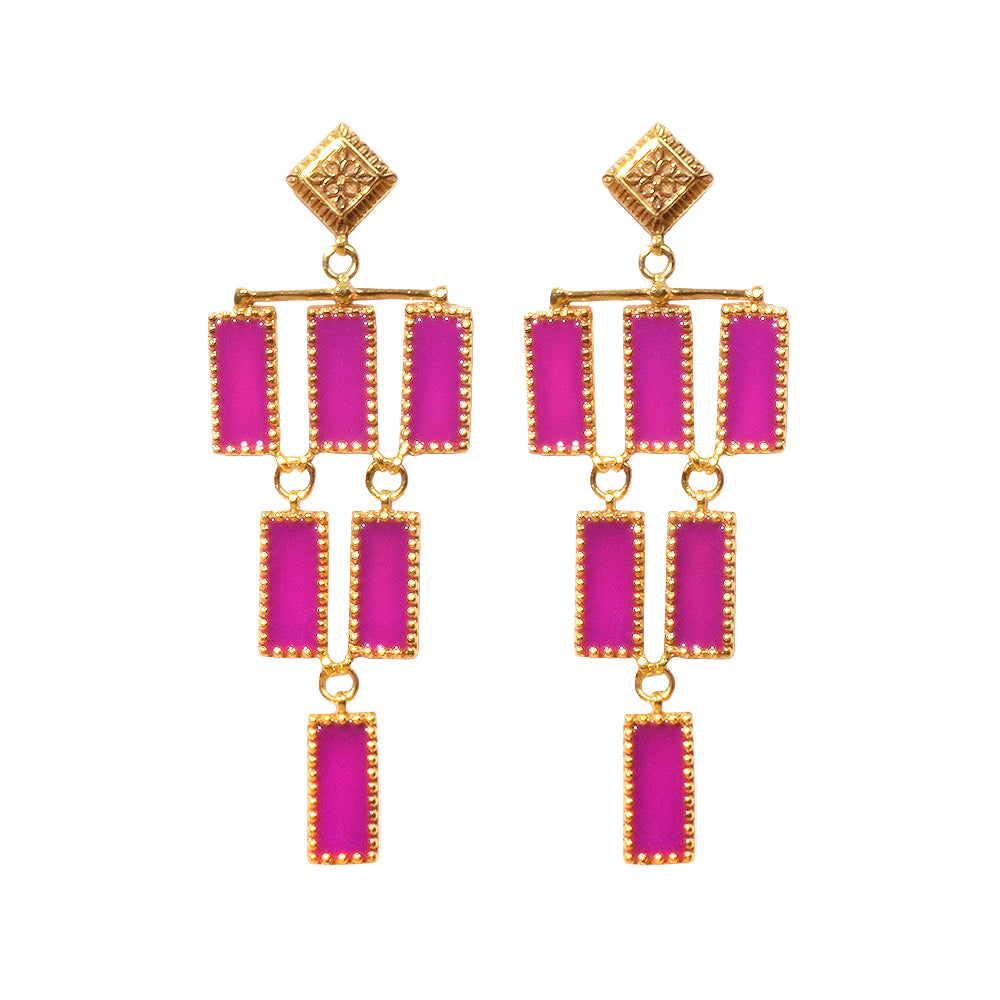 Deco Mosaic Chandelier Earrings, Gold Plated Brass with Pink Resin Enamel