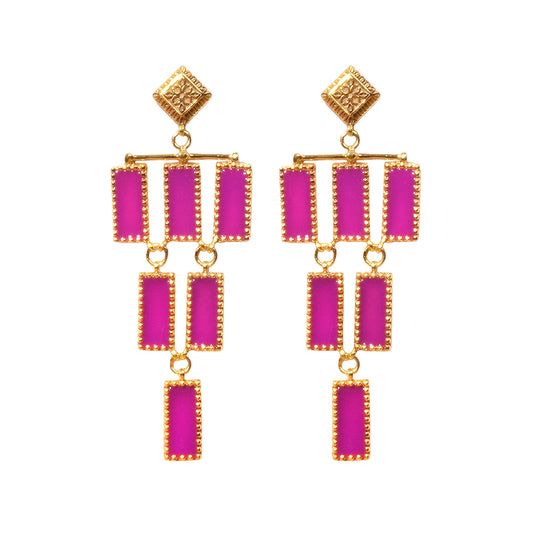 Deco Mosaic Chandelier Earrings, Gold Plated Brass with Pink Resin Enamel