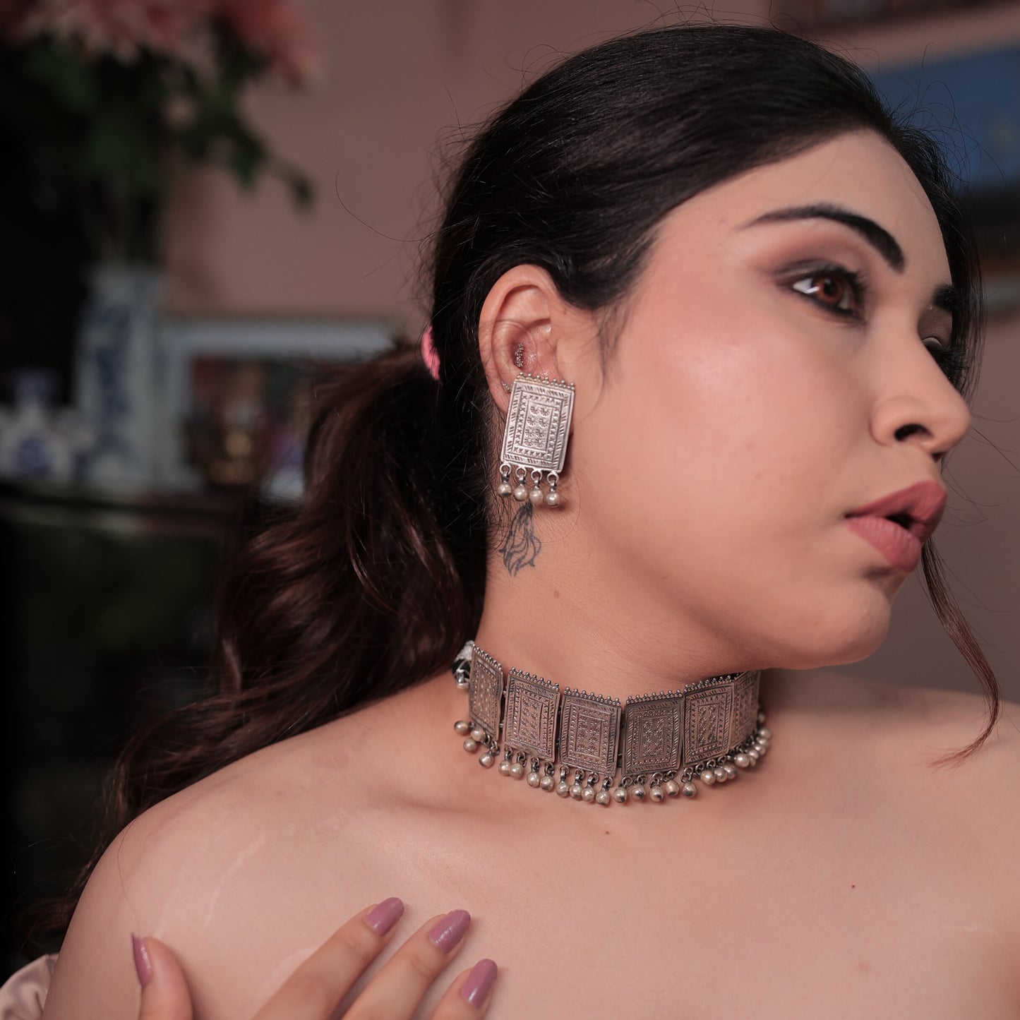 Sitara Handcrafted Engraved Silver Choker – Elegant Heritage Design with Drawstring Closure