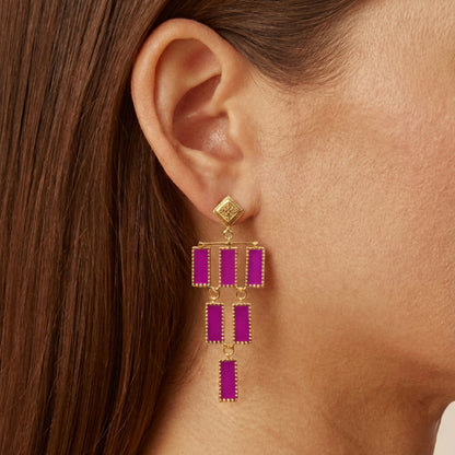 Deco Mosaic Chandelier Earrings, Gold Plated Brass with Pink Resin Enamel