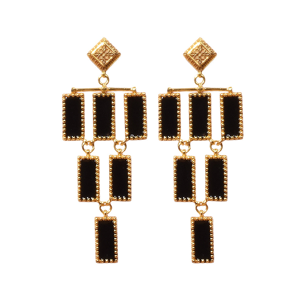 Deco Mosaic Chandelier Earrings, Gold Plated Brass with Black Resin Enamel