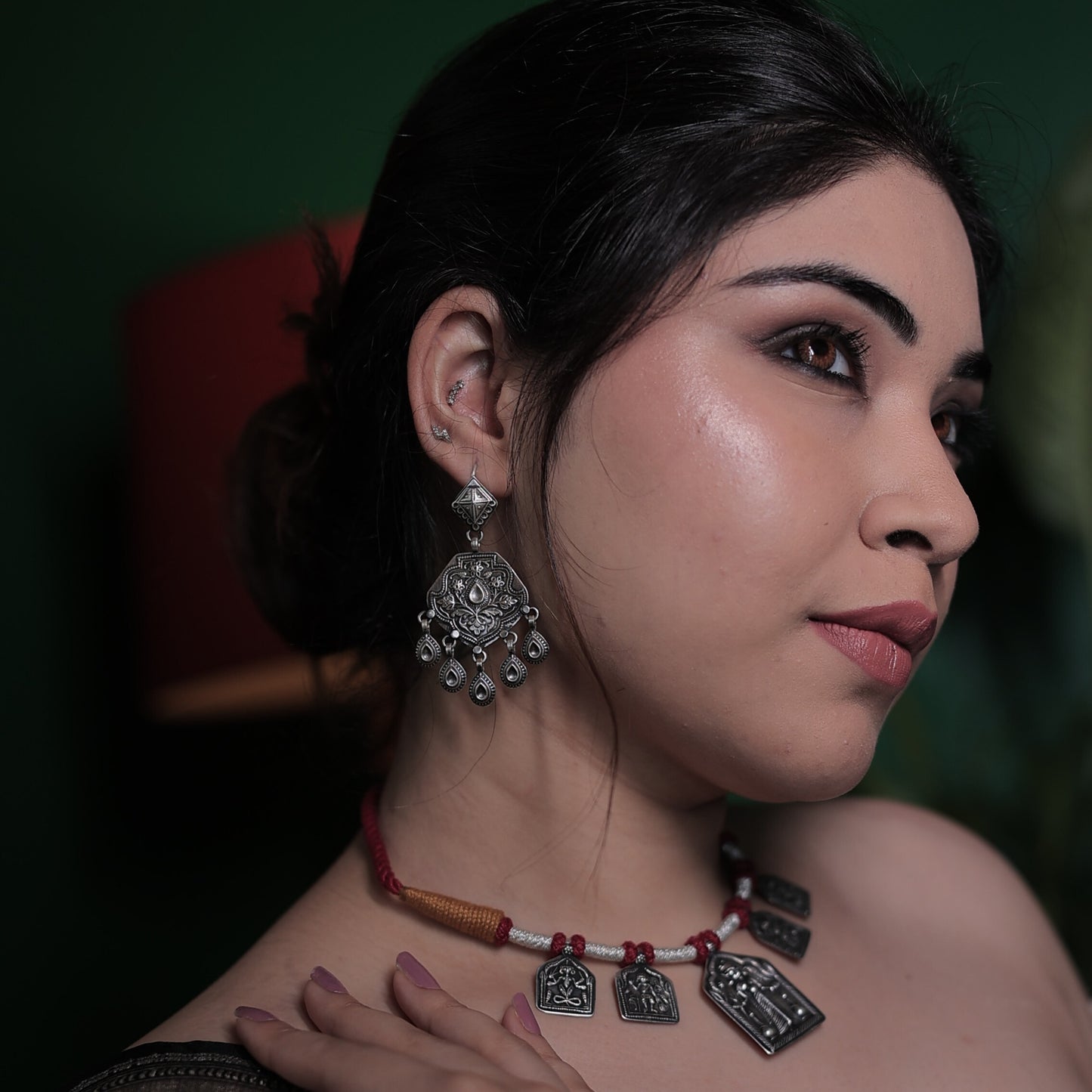 Devi Stamped Silver Amulet Necklace with Bandhai Threadwork