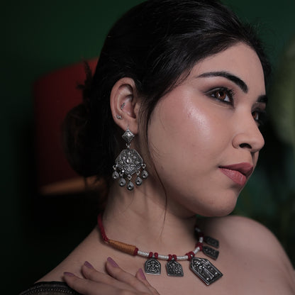 Devi Stamped Silver Amulet Necklace with Bandhai Threadwork