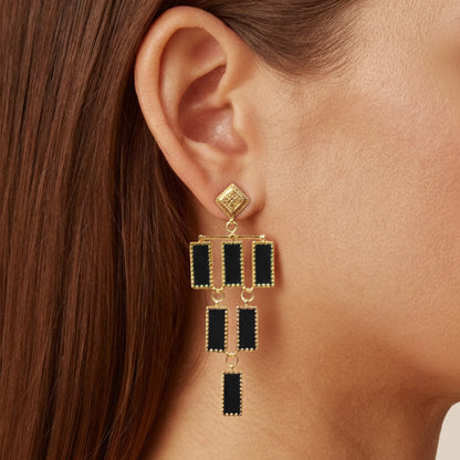 Deco Mosaic Chandelier Earrings, Gold Plated Brass with Black Resin Enamel