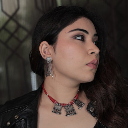Taveez Handcrafted Silver Necklace with Stamping, Ghungroos & Bandhai Threadwork