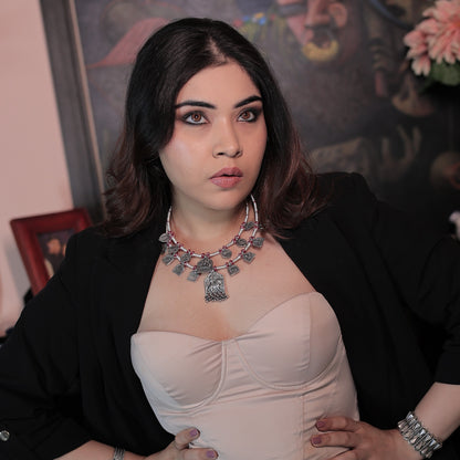 Devi Silver Handcrafted Beads Necklace with Stamped Silver Amulets and Ghungroos - Double Strand, Drawstring Closure