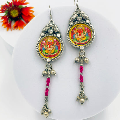 Rangeela Handpainted Silver Dangler Earrings with Ghungroos and Pink Threadwork