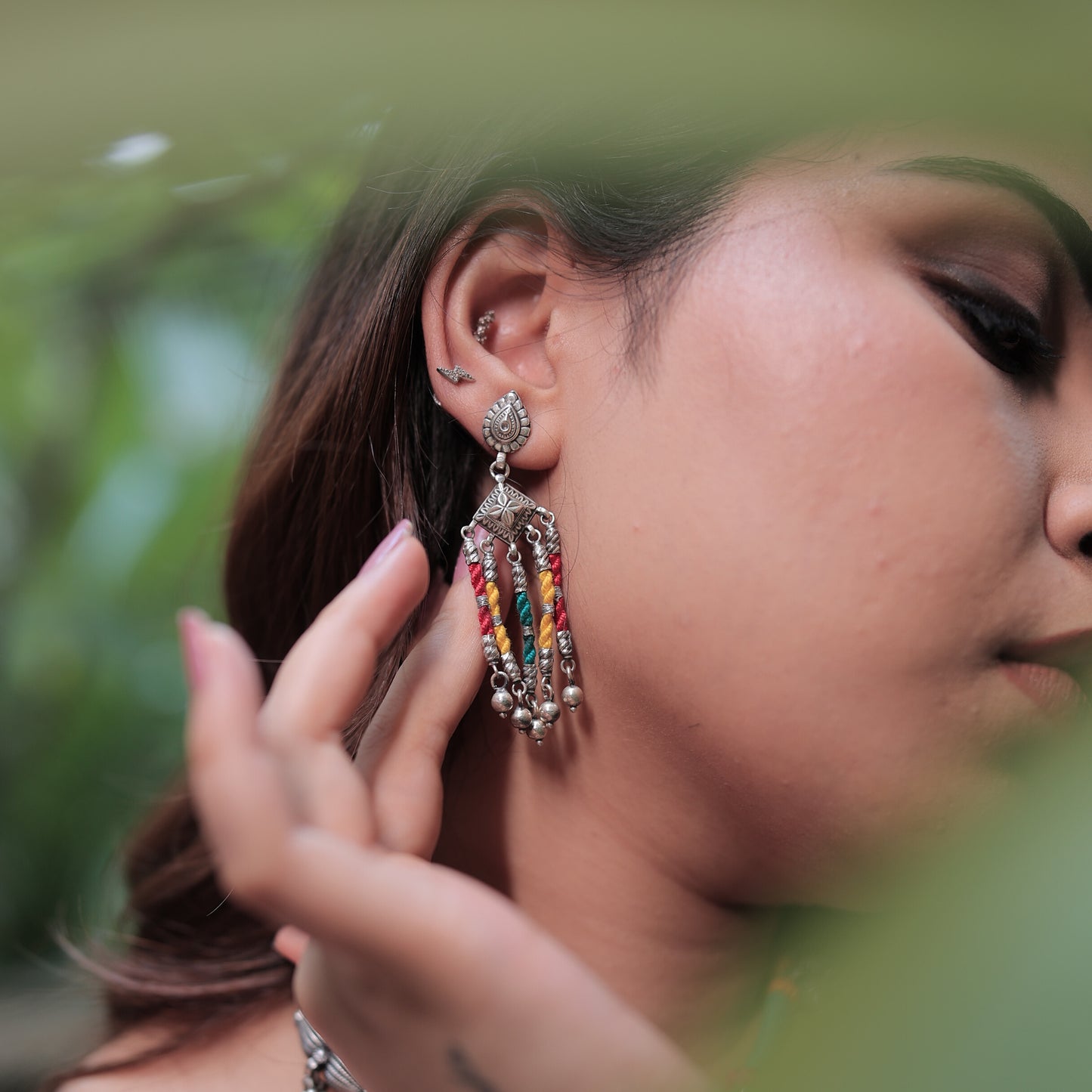 Rangeela Multi-Coloured Threadwork Silver Dangler Earrings with Ghungroos