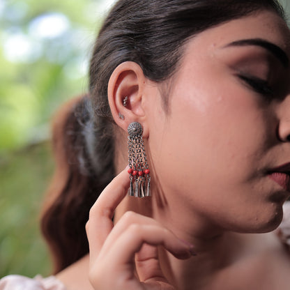 Devi Stamped Silver Earrings with Coral Beads and Handcrafted Silver Ends