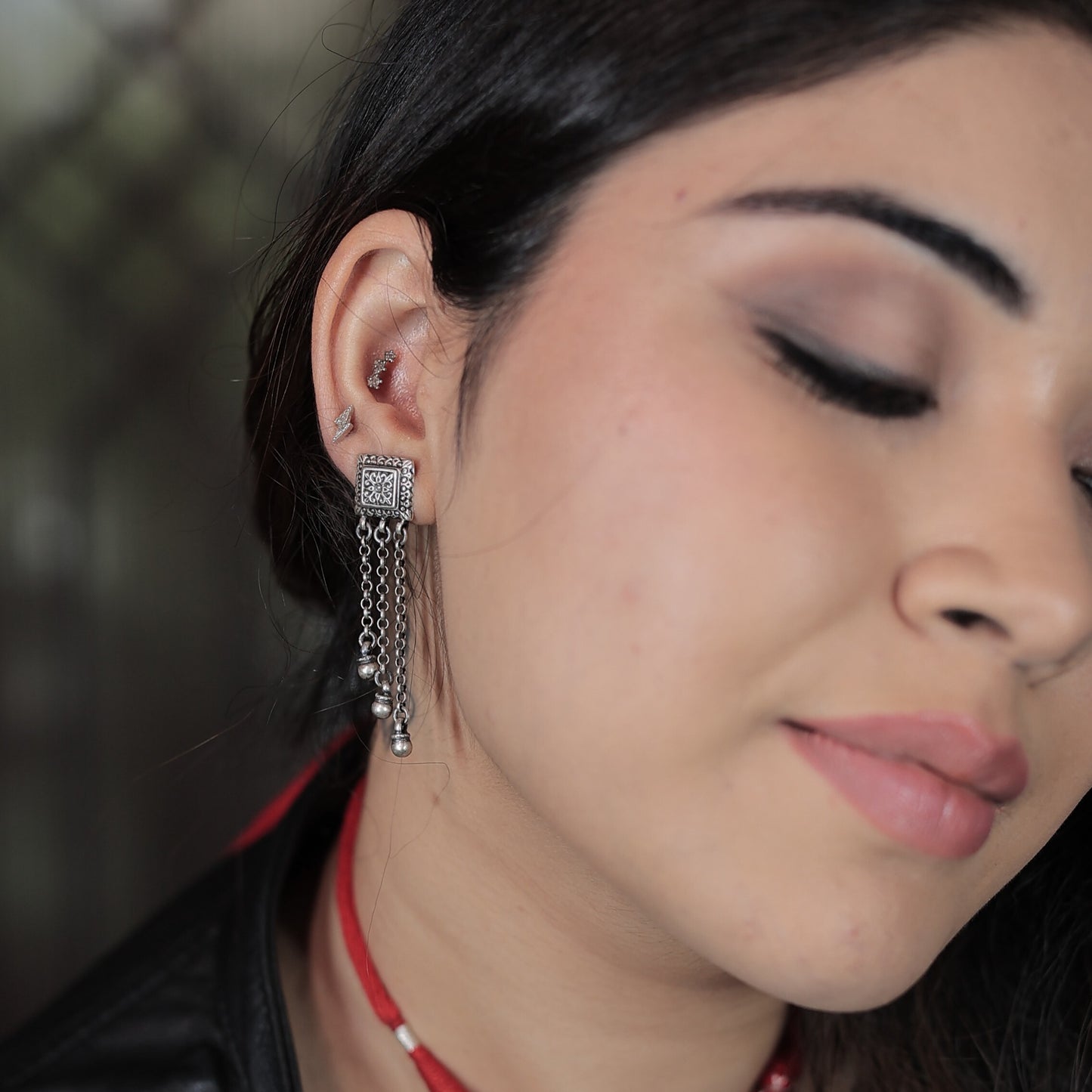 Taveez Handcrafted Stamped Silver Earrings with Chains & Ghungroos