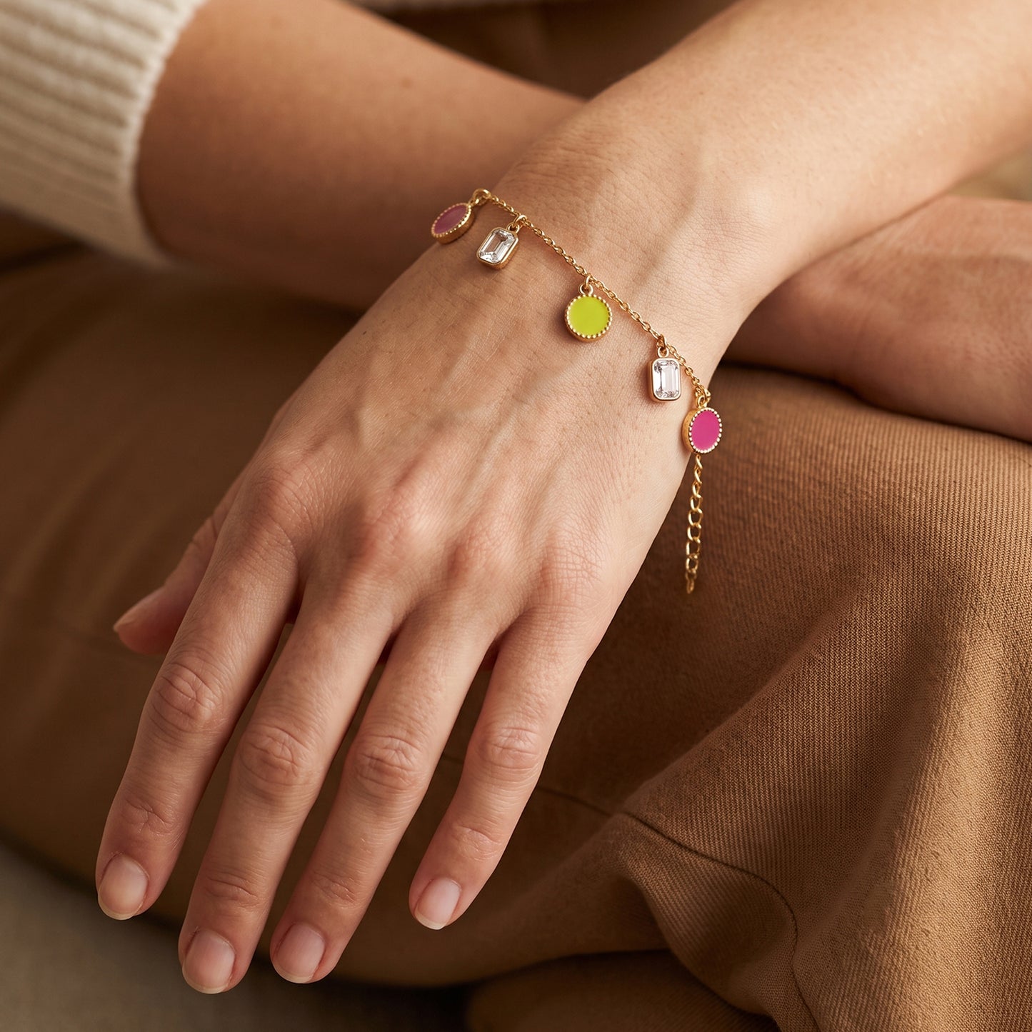 Deco Mosaic Gold Plated Charm Bracelet, Yellow-Green and Pink