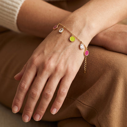Deco Mosaic Gold Plated Charm Bracelet, Yellow-Green and Pink