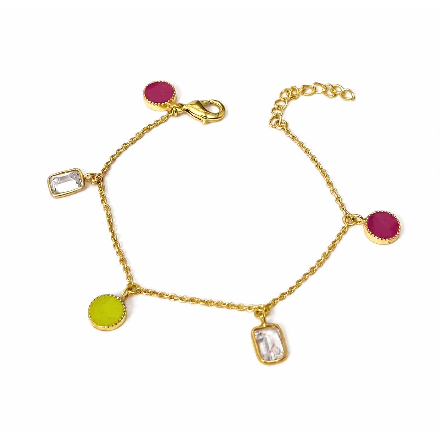 Deco Mosaic Gold Plated Charm Bracelet, Yellow-Green and Pink