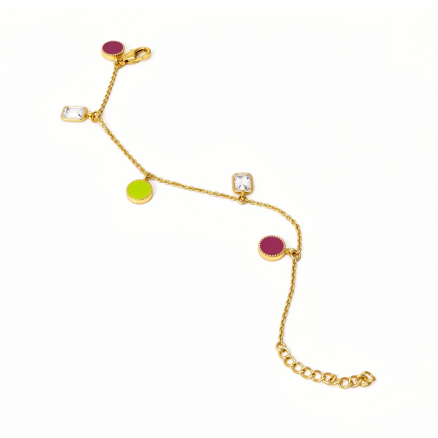 Deco Mosaic Gold Plated Charm Bracelet, Yellow-Green and Pink