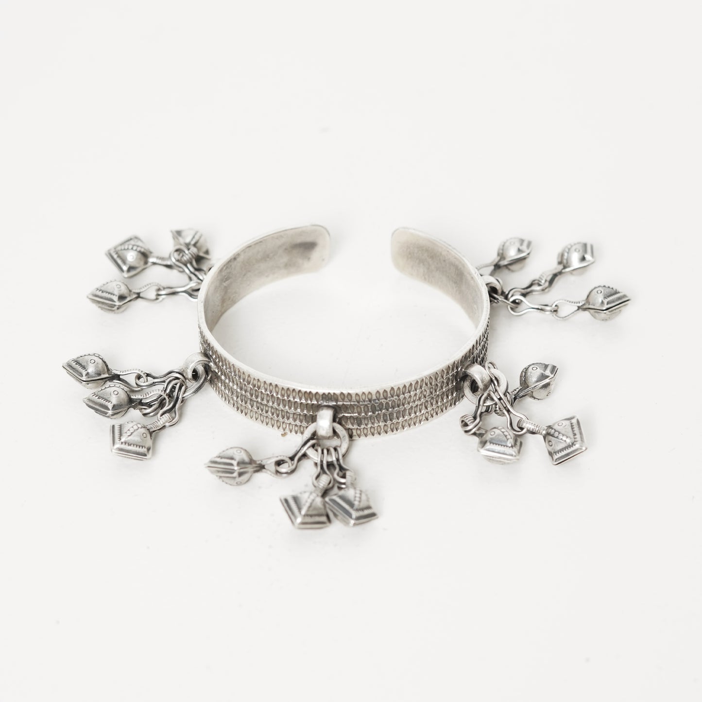 Rangeela Handmade Silver Kada Bangle with Deep Stamped Textures & Ghungroos
